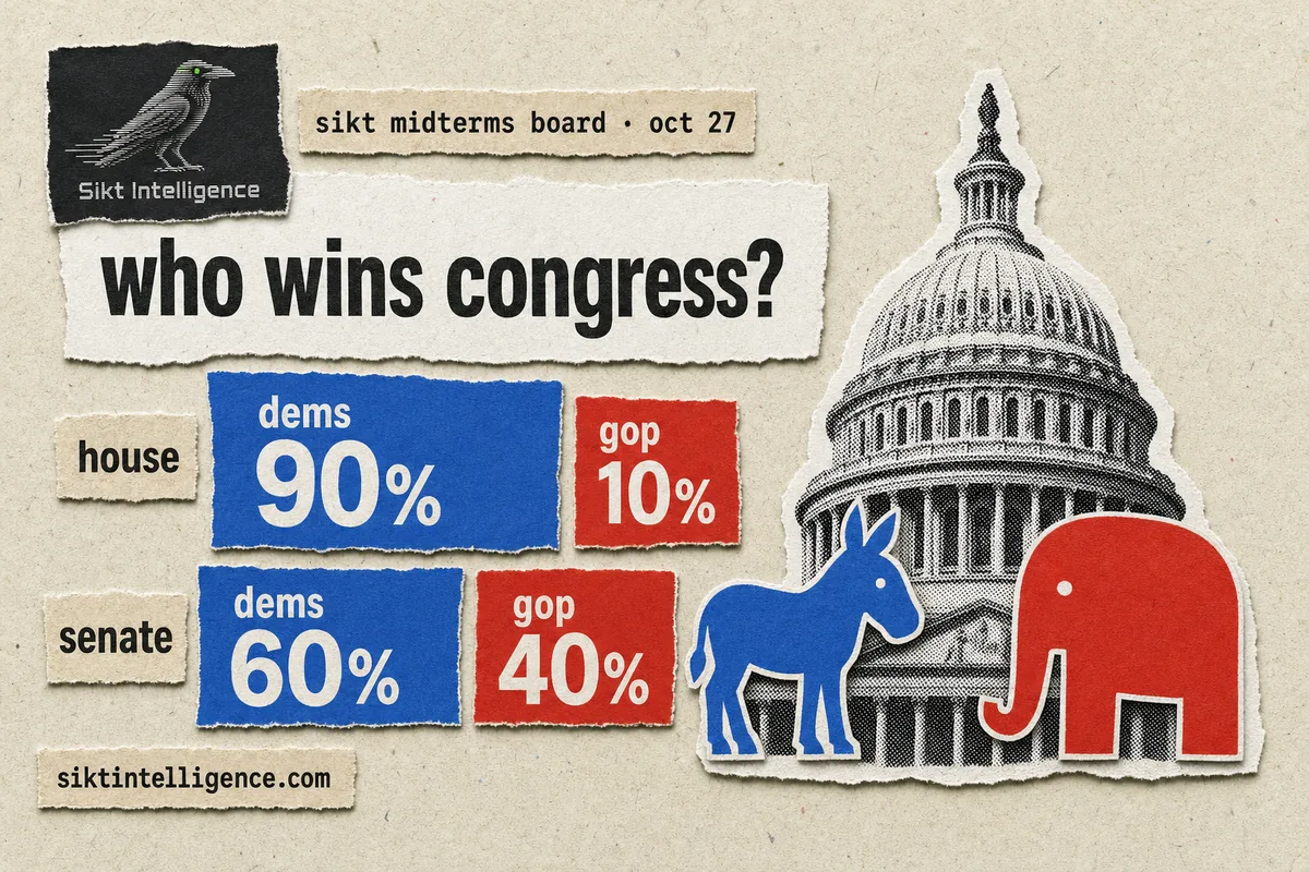 Sikt Midterms Board, Oct 27, 2026: who wins Congress? House: Democrats 90%, Republicans 10%. Senate: Democrats 60%, Republicans 40%.